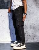 Black contrast stitch wide Baggy Track Pant