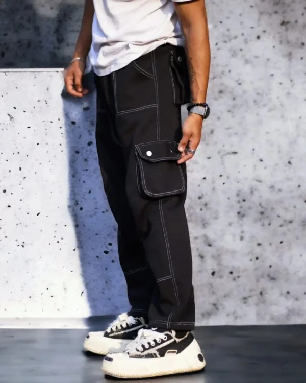 Black contrast stitch wide Baggy Track Pant - Image 3