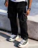 Black contrast stitch wide Baggy Track Pant