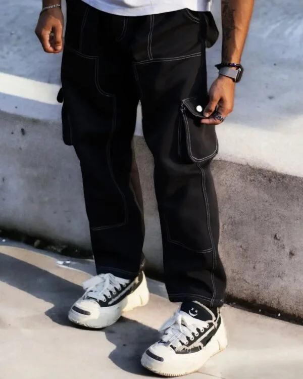 Black contrast stitch wide Baggy Track Pant - Image 4