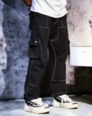 Black contrast stitch wide Baggy Track Pant
