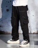 Black contrast stitch wide Baggy Track Pant