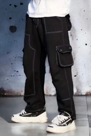 Black contrast stitch wide Baggy Track Pant