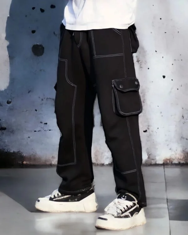 Black contrast stitch wide Baggy Track Pant
