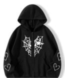 Spider Web & Heart Print Zipper Hoodie