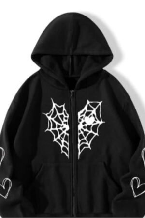 Spider Web & Heart Print Zipper Hoodie