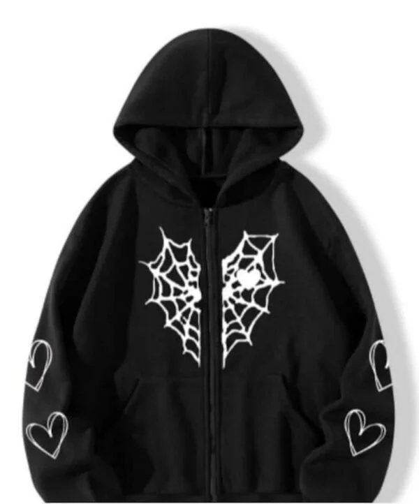 Spider Web & Heart Print Zipper Hoodie