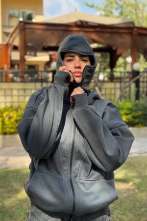 Balaclava Hoodie Full Zipup Mask In Grey