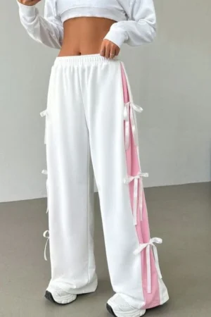 Styleverse™ Women Aesthetic Baggie Track Pants | Wide Leg Ribbon Joggers | Loose Fit Streetwear