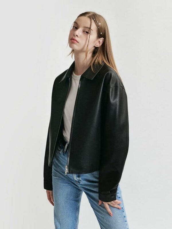 BLACK PLAIN LEATHER JACKET WOMEN 2