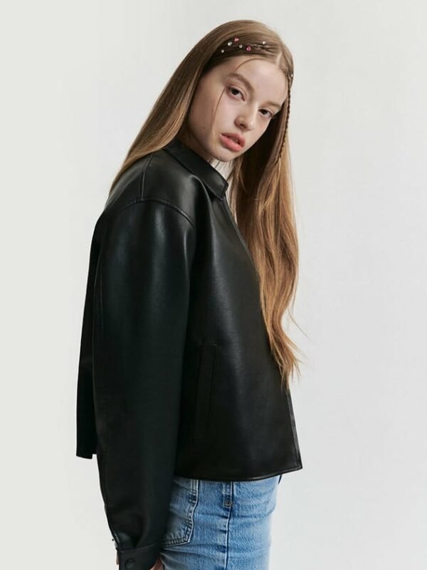 BLACK PLAIN LEATHER JACKET WOMEN 3