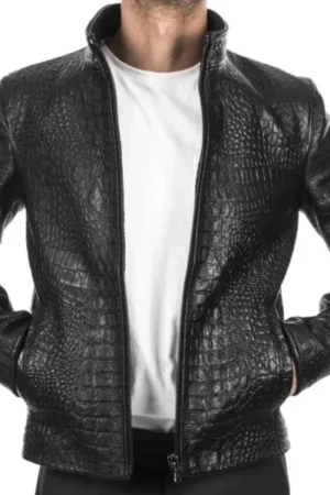 Men’s Black Crocodile-Pattern Rexine Leather Jacket – Bold Streetwear with Premium Edge