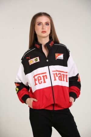 Ferrari Racing Team Parachute Jacket – Black, Red & White Unisex Windbreaker.