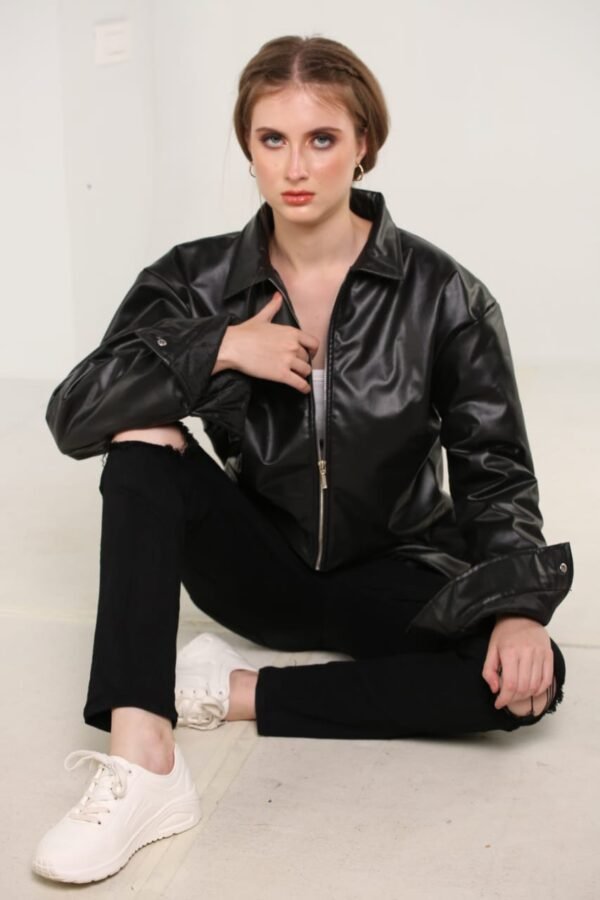 Black Synthetic Rexine Leather Jacket – Classic Streetwear, Affordable & Water-Resistant - Image 2