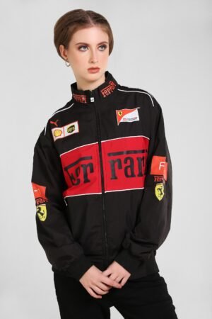 Ferrari F1 Racing Jacket – Premium Parachute Material, Black & Red Unisex Windbreaker
