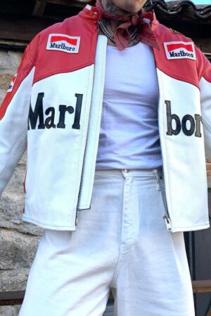 White & Red Malboro Racing Style Rexin Jacket for Men | Biker Motorsport Jacket in India