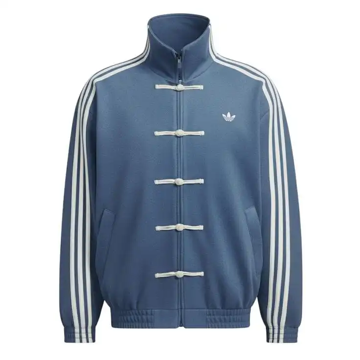 Adidas-Inspired Blue Chinese Collar Jacket – Premium Streetwear Track Style with Stripe Sleeves 2 Adidas-Inspired Blue Chinese Collar Jacket – Premium Streetwear Track Style with Stripe Sleeves - Image 2