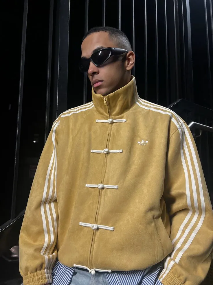 Adidas-Inspired Mustard Yellow Chinese Collar Jacket – Premium Velvet Streetwear with Stripe Sleeves 1 Adidas-Inspired Mustard Yellow Chinese Collar Jacket – Premium Velvet Streetwear with Stripe Sleeves
