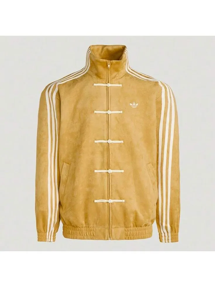 Adidas-Inspired Mustard Yellow Chinese Collar Jacket – Premium Velvet Streetwear with Stripe Sleeves 2 Adidas-Inspired Mustard Yellow Chinese Collar Jacket – Premium Velvet Streetwear with Stripe Sleeves - Image 2