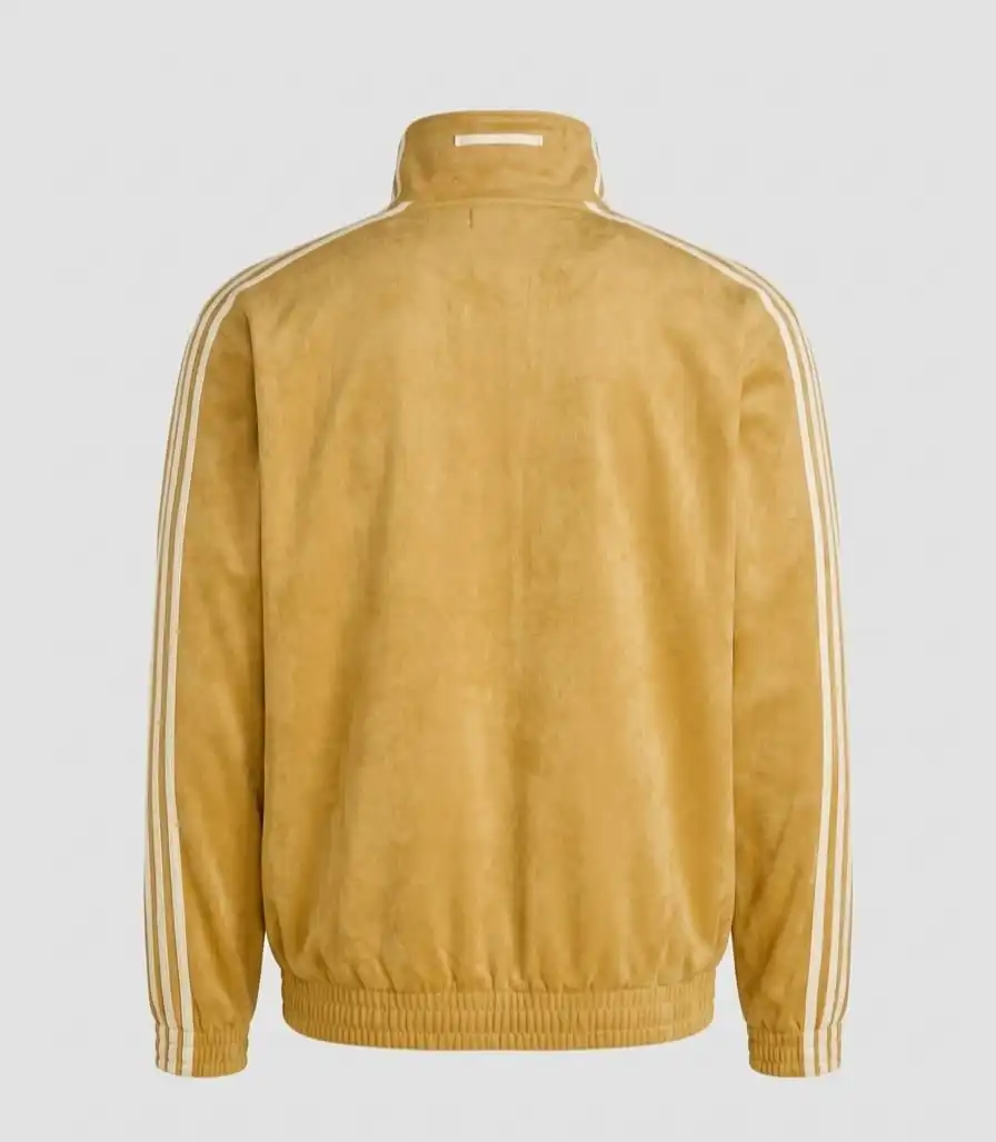 Adidas-Inspired Mustard Yellow Chinese Collar Jacket – Premium Velvet Streetwear with Stripe Sleeves 3 Adidas-Inspired Mustard Yellow Chinese Collar Jacket – Premium Velvet Streetwear with Stripe Sleeves - Image 3