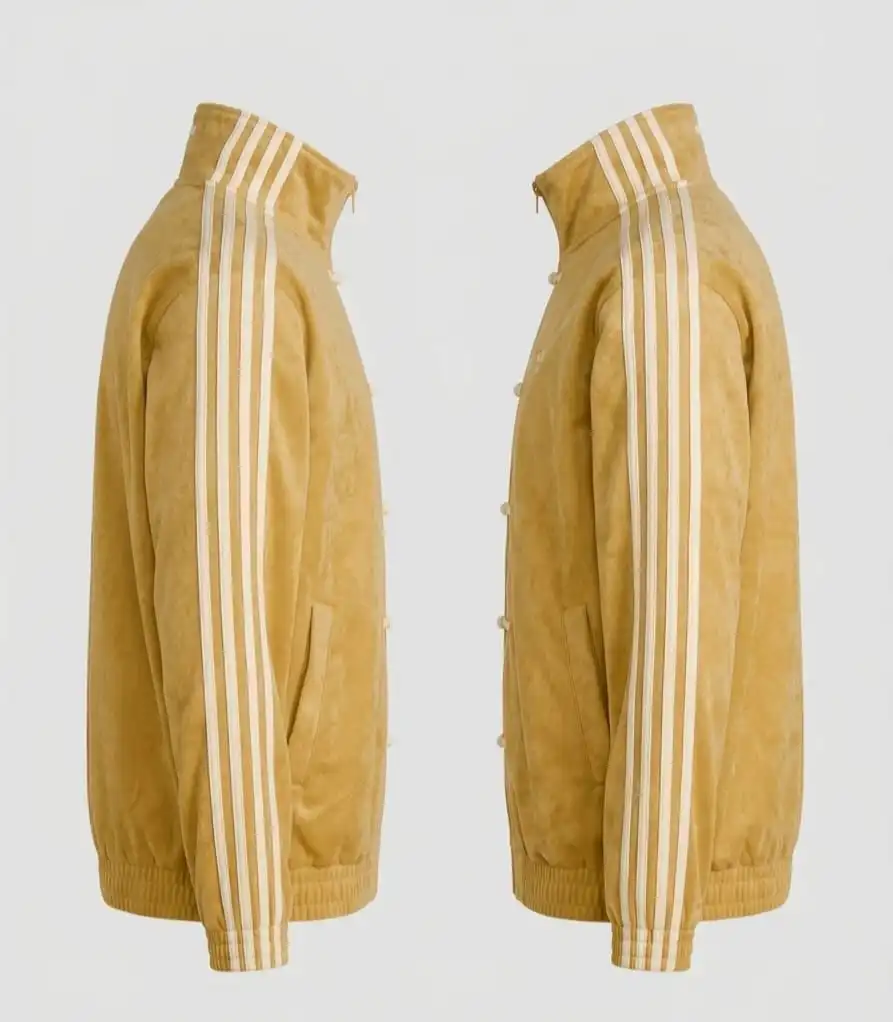 Adidas-Inspired Mustard Yellow Chinese Collar Jacket – Premium Velvet Streetwear with Stripe Sleeves 5 Adidas-Inspired Mustard Yellow Chinese Collar Jacket – Premium Velvet Streetwear with Stripe Sleeves - Image 5