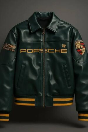 Porsche Racing Green Leather Jacket (Rexine) – Premium Motorsport Style Biker Jacket for Men