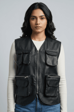 Women’s Black Leather Utility Vest with Multi Pockets – Premium Streetwear Cargo Vest for Stylish & Casual Wear