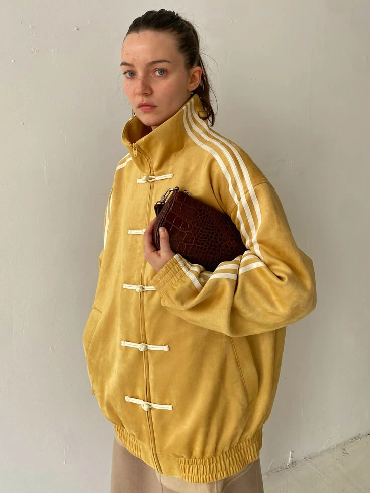 Mustard Yellow Oversized Chinese Knot Jacket for Women – Korean Streetwear High Neck Casual Track Jacket 3 Mustard Yellow Oversized Chinese Knot Jacket for Women – Korean Streetwear High Neck Casual Track Jacket - Image 3