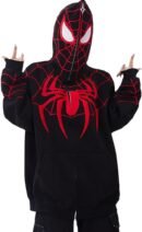Premium black spider embroidered zip-up hoodie jacket with red embroidery and web design streetwear fashion for men
