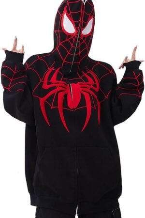 Premium black spider embroidered zip-up hoodie jacket with red embroidery and web design streetwear fashion for men