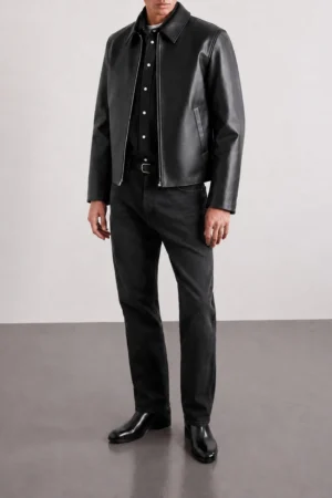 Black faux leather jacket for men with biker-inspired design
