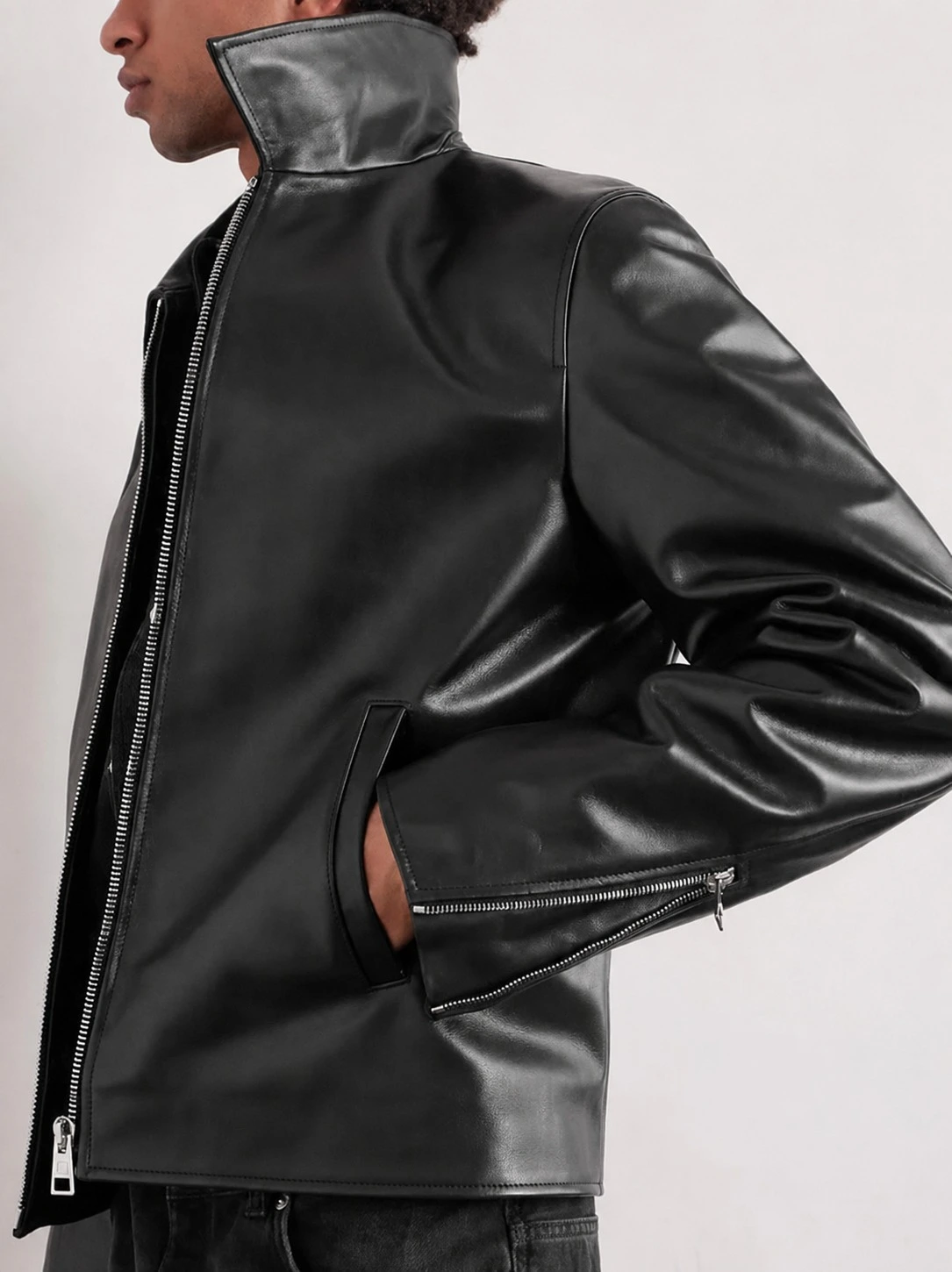 Black Faux Leather Jacket for Men – Premium Biker Style 2 Black faux leather jacket front zip and sleeve zipper detail