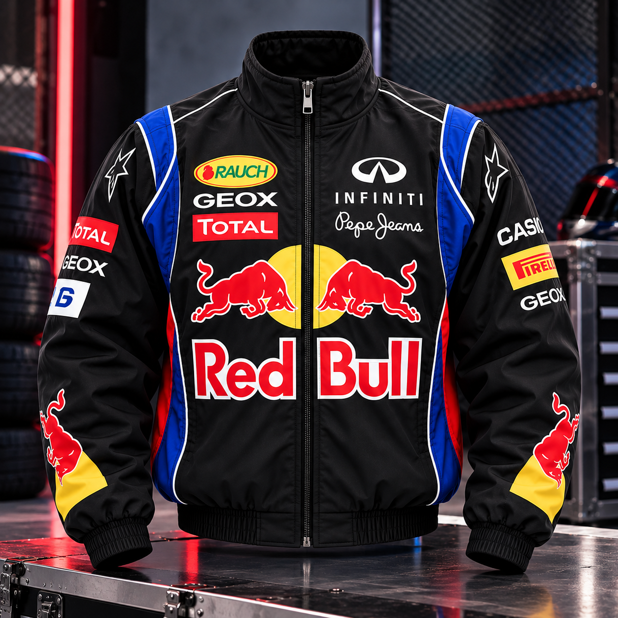 Front Facing Racing Jacket in a Motorsport Garage